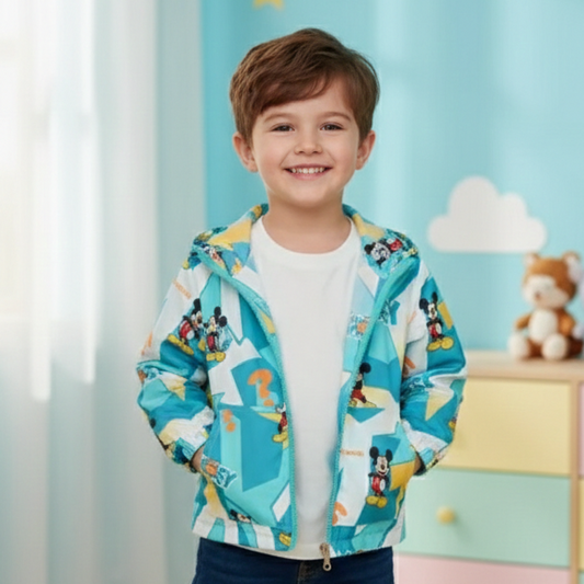 Full Sleeves Hooded Jacket Sky Blue Micky Mouse Print