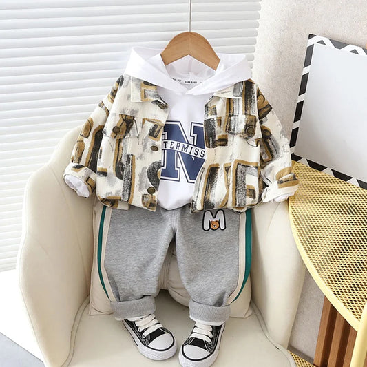 Baby Boy's 3-Piece Outfit Set, Letter Print Sweatshirt, Grey Joggers, White T-Shirt