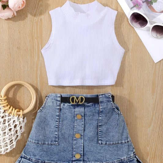 Girls Sleeveless Crop Top and Denim Button-Front Pleated Skirt Set with Belt
