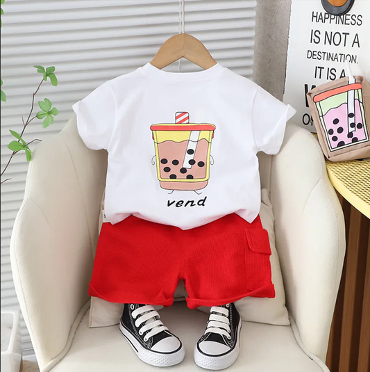 Kids Outfit Set, Beige T-Shirt with Bubble Tea Print