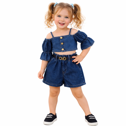 Girls' Denim Two-Piece Set, Off-Shoulder Crop Top with Elastic Shorts