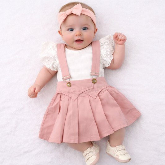 Baby Girl's White Flutter Sleeve Bodysuit with Pink Suspender Skirt Set, 2 Pieces