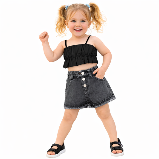 Girls Two-Piece Set, Black Ruffle Crop Top with Denim Shorts