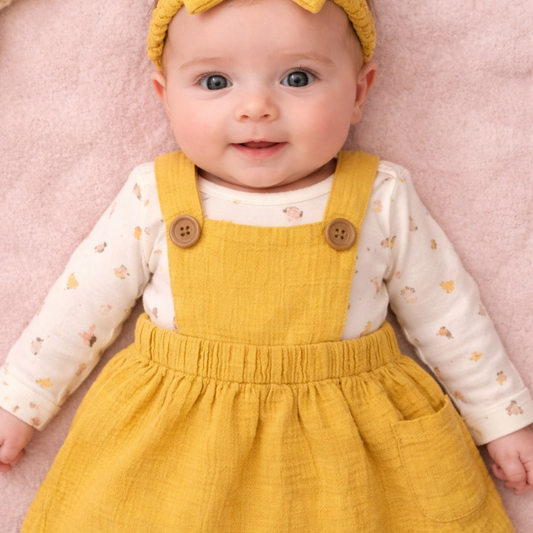 Girls Yellow Printed Cotton Dungaree Set
