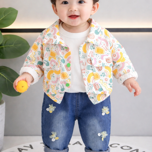 Fruit Print Long Sleeve Jacket with inside T- Shirt and Navy Blue Denim Pants Set, 3-Piece Outfit