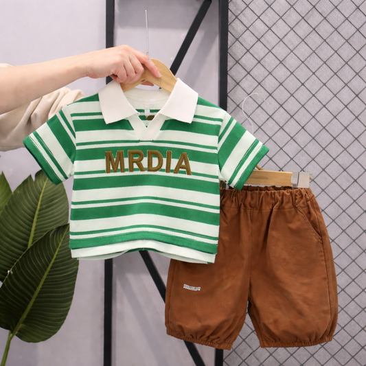 Baby Striped Polo T-shirt and Brown Shorts Set, 2-Piece Casual Cotton Outfit