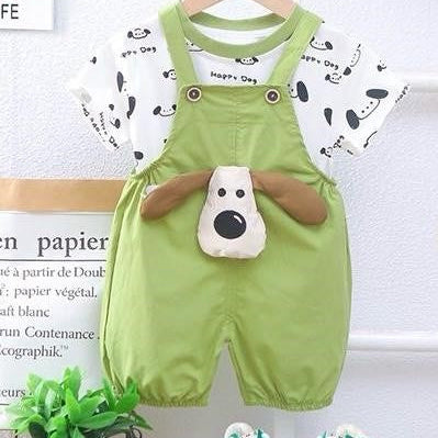 Baby Romper with Dog Applique, Green Cotton Short Sleeve Overalls, Casual