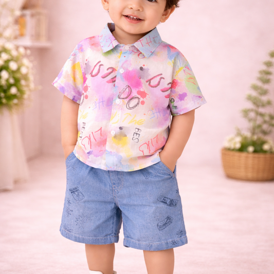 Kids Tie Dye, Multicolored Shirt with Blue Shorts, Casual Cotton Clothing Set